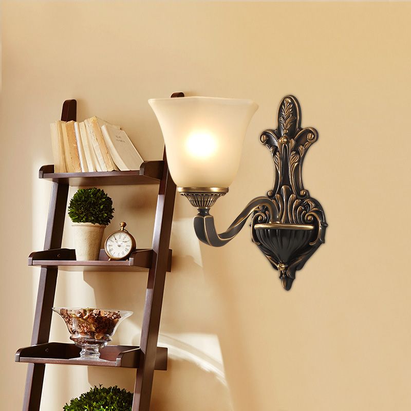1/2-Light Wall Light Fixture Vintage Porch Wall Sconce with Flared Frosted Glass in Bronze