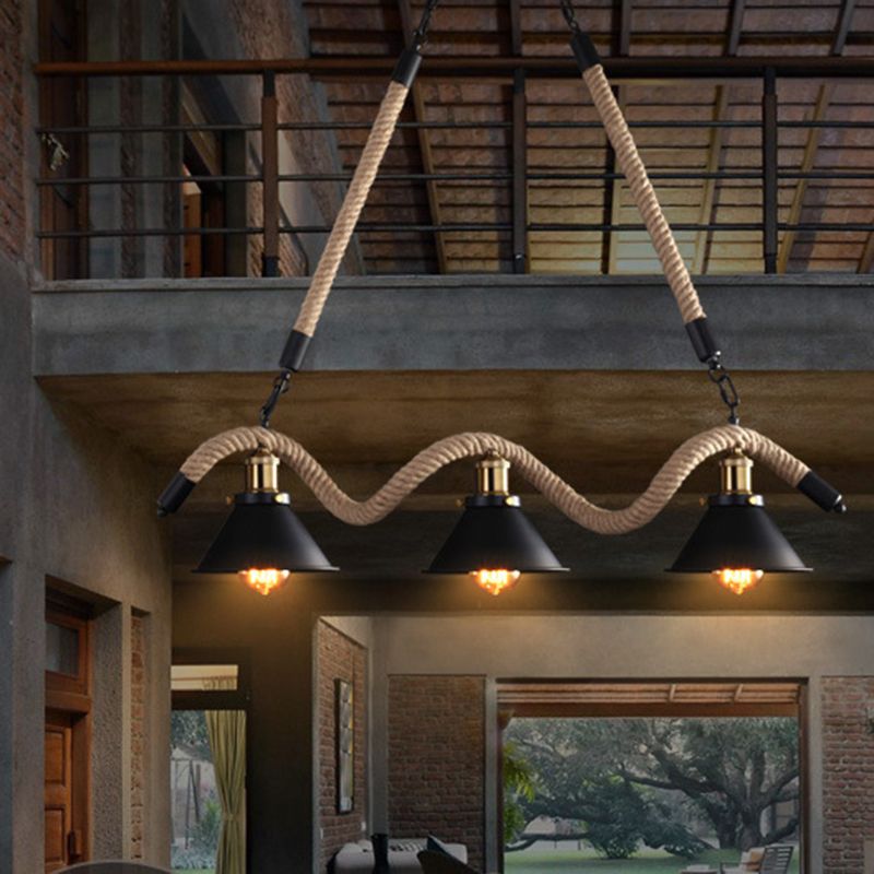 Black Conical Island Lighting Industrial Hemp Rope 3-Head Dining Room Pendant Lamp