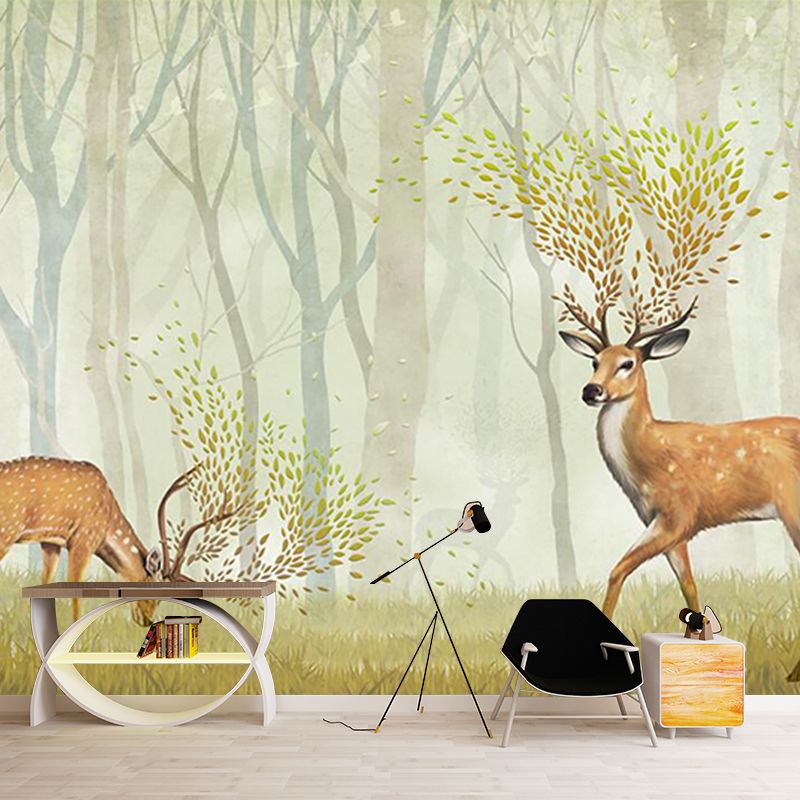 Deer in Misty Forest Mural Nordic Stain Resistant Living Room Wall Decor, Custom-Printed