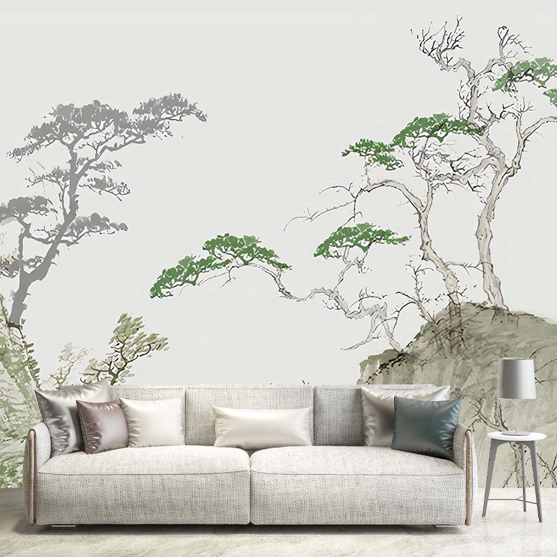 Green Pine Tree Mural Wallpaper Stain-Resistant Wall Covering for Guest Room Decoration