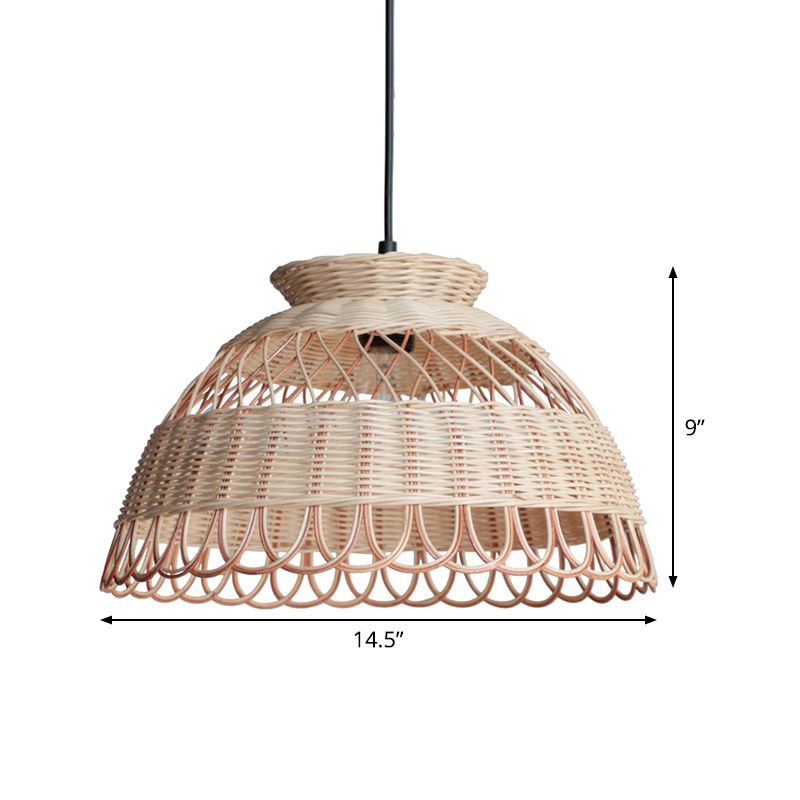 Hollowed Scalloped Bowl Pendant Lighting Asian Bamboo Single-Bulb Khaki Ceiling Lamp