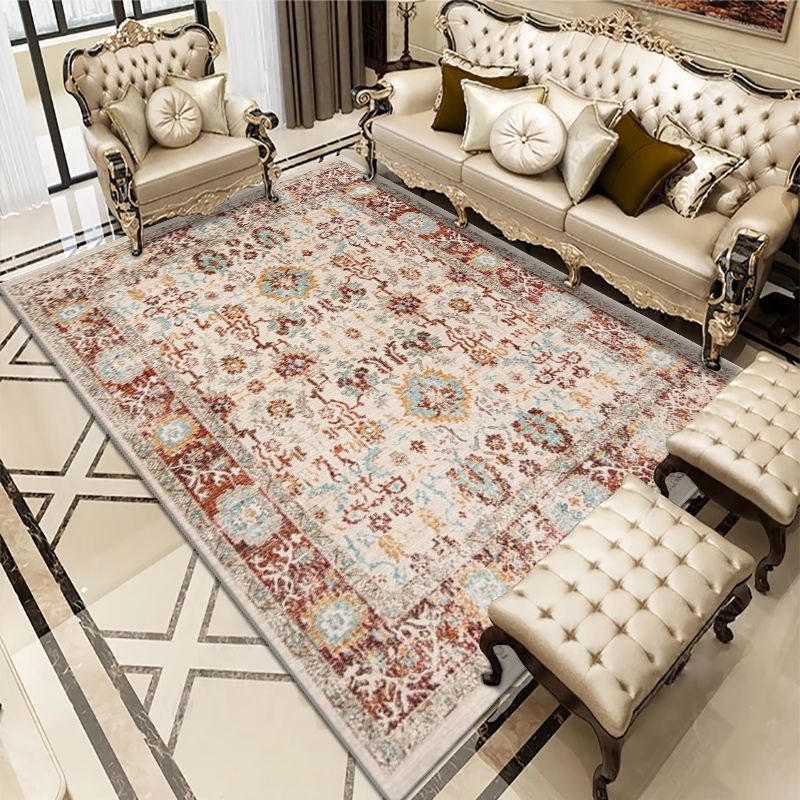 Morocco Antique Print Area Rug Red Polyester Area Carpet Easy Care Rug for Living Room