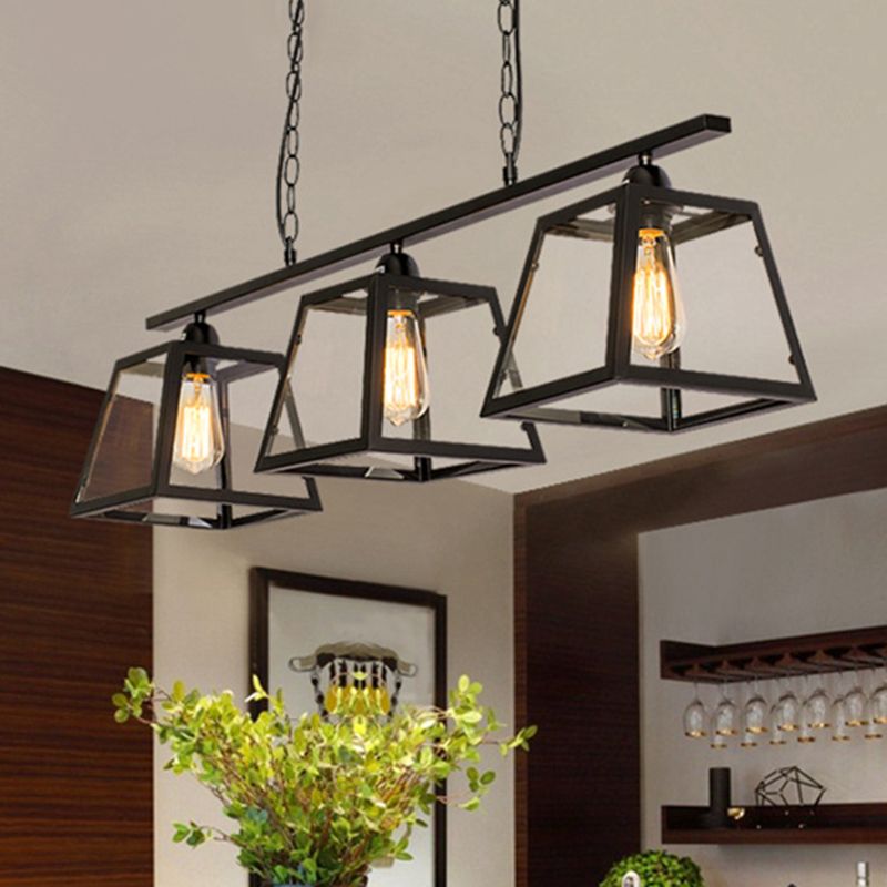 Black 3-Light Island Light Fixture Industrial Clear Glass Trapezoid Pendant Lighting with Chain