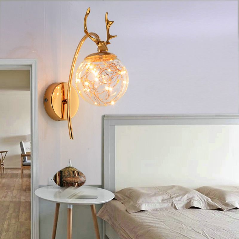 Nordic Style Iron Wall Light Ball Shape LED Wall Lamp with Glass Shade for Bedroom