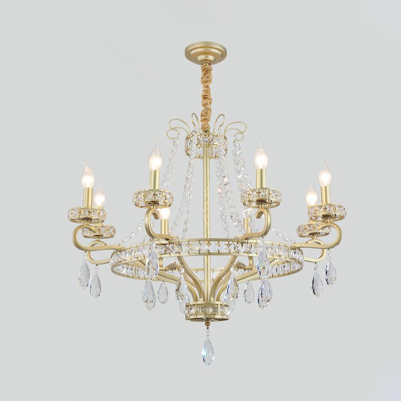 Gold Candle Chandelier Light Fixture Traditional Crystal Drop 5/8 Lights Living Room Hanging Lamp Kit