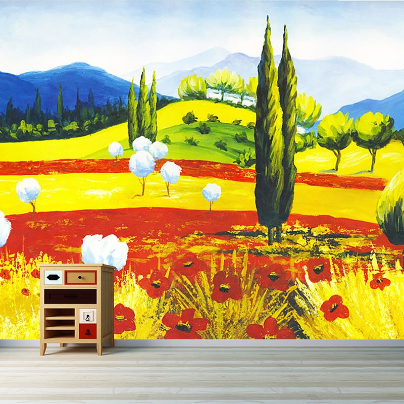 Classic Cotton Shrubs Murals Red-Yellow-Blue-Green Landscape Painting Wall Decor