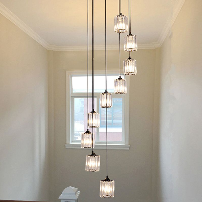 Modern Style Spiral Multi Light Pendant Crystal Staircase Hanging Lighting in Black