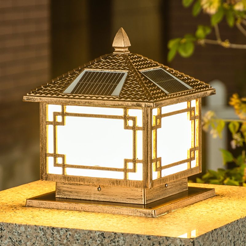 Square Shape Solar Pillar Lamp Contemporary Metal Outdoor Waterproof Light