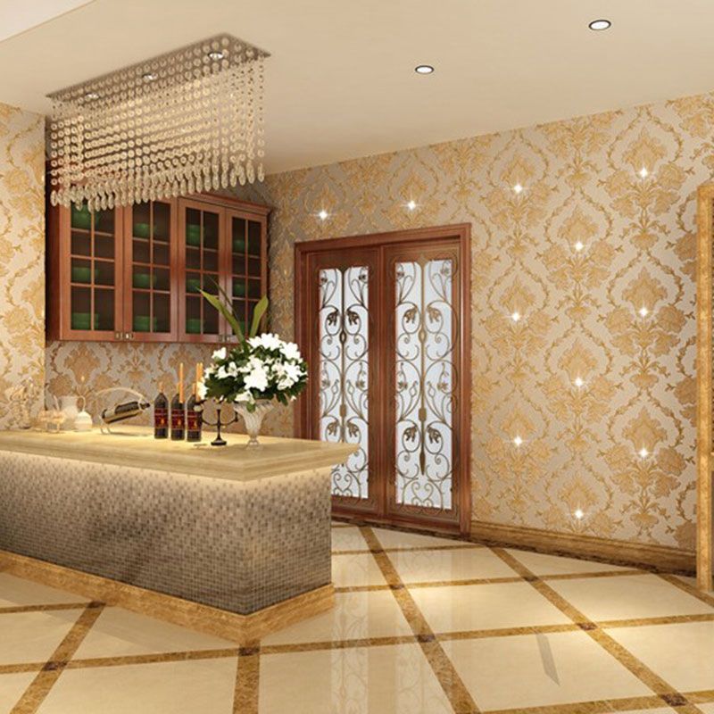 Natural Color Damasque Wall Covering Water-Resistant Wallpaper Roll for Living Room Decor