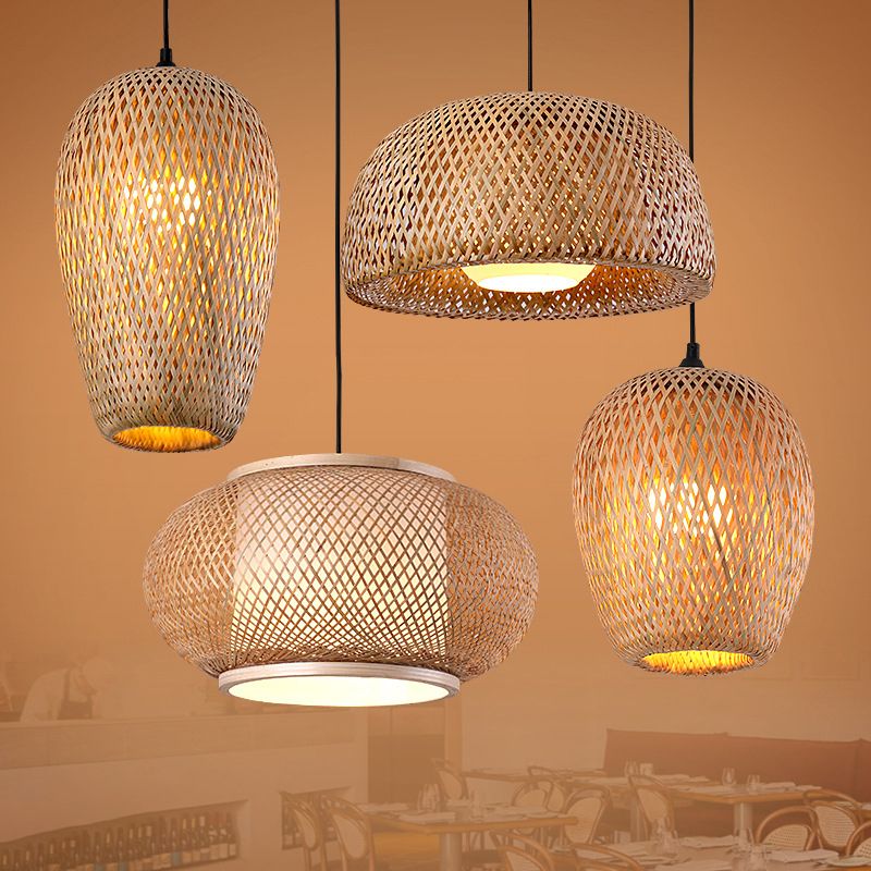 Handcrafted Ceiling Light Modern Bamboo Single Wood Hanging Pendant Light for Restaurant
