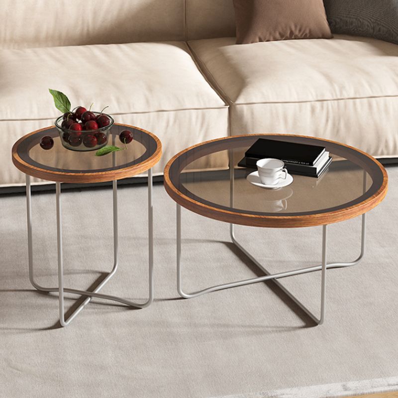 Round Glass Top Coffee Table Set Frame Cocktail Table with Wood Accent