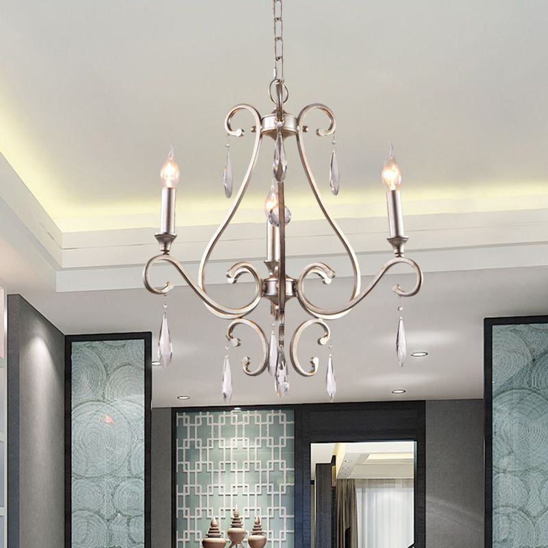 Crystal Teardrop Suspension Light Farmhouse 3 Heads Bedroom Candle Pendant Chandelier in Gold with Scroll Arm