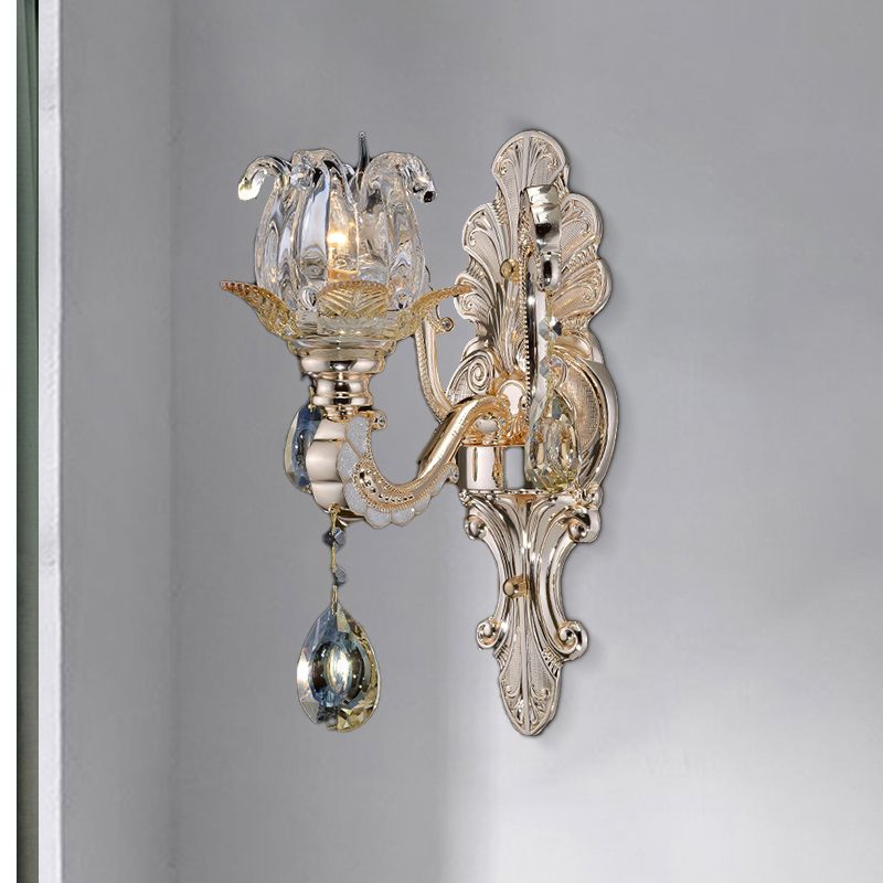 Clear Glass Floral Sconce Light Fixture Contemporary 1/2 Heads Wall Mounted Light with Crystal Drop
