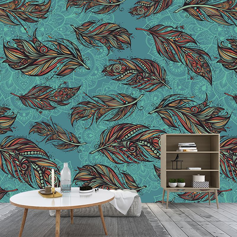 Modern Feathers Wall Murals for Backsplash, Customize Size Available Wall Art in Aqua and Brown