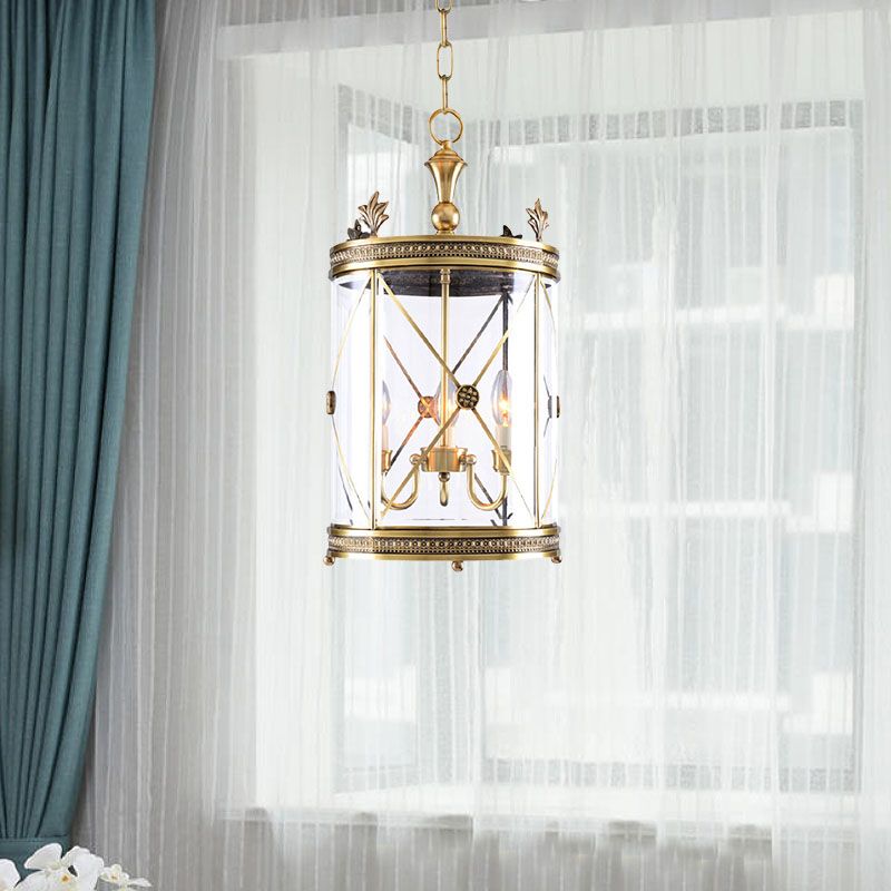 Colonialism Cylindrical Hanging Pendant 3 Heads Clear Glass Chandelier Lighting Fixture in Gold