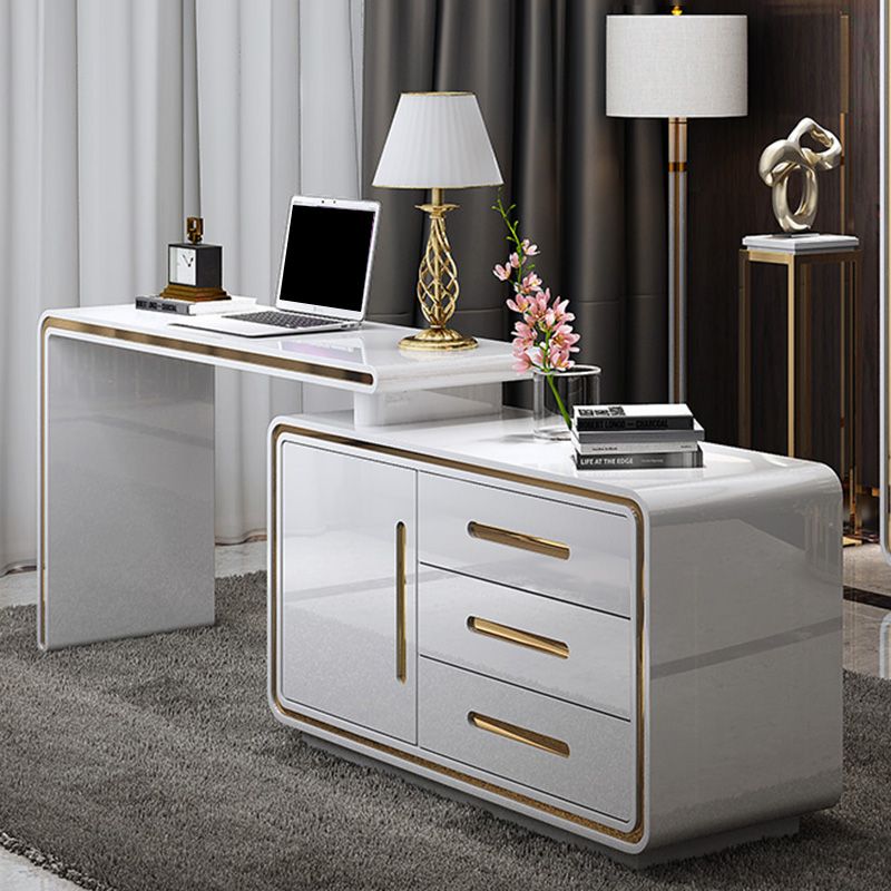Glam Wood Computer Desk White Pedestal Writing Desk for Home