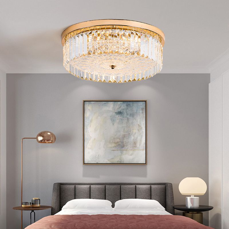 LED Drum Shade Flush Mount Lamp Modernist Metal Flush Ceiling Light with Clear Crystal Prism in Gold Finish, 14"/18" Wide