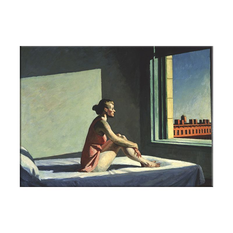 Red Edward Hopper Painting Woman on Bed Looking Out to Window Modern Textured Wall Art