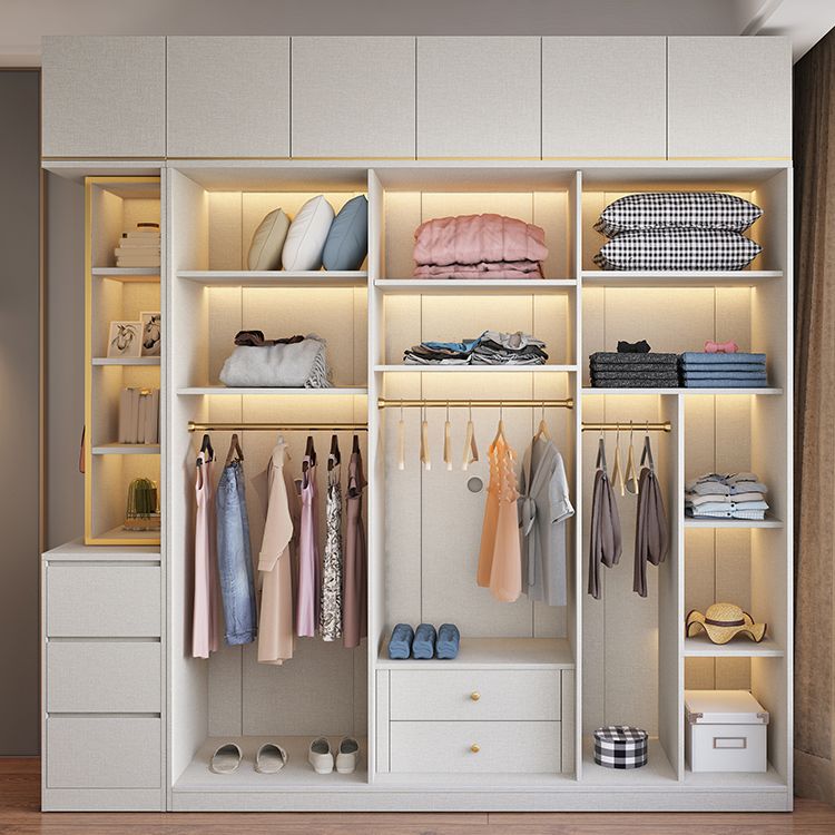 White Modern Style Wardrobe Cabinet Engineered Wood Wardrobe with Clothing Rod