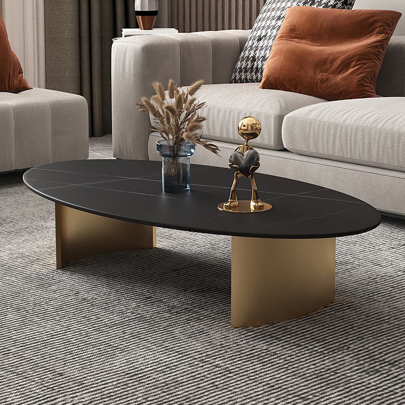 Glam Oval Slate Top Coffee Table Steel 2 Legs Cocktail Table