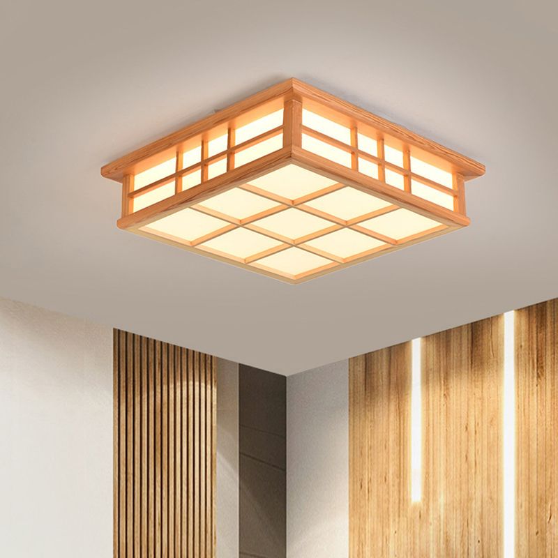 Square Ceiling Light Wooden LED Ceiling Mount Light with Acrylic Shade for Living Room