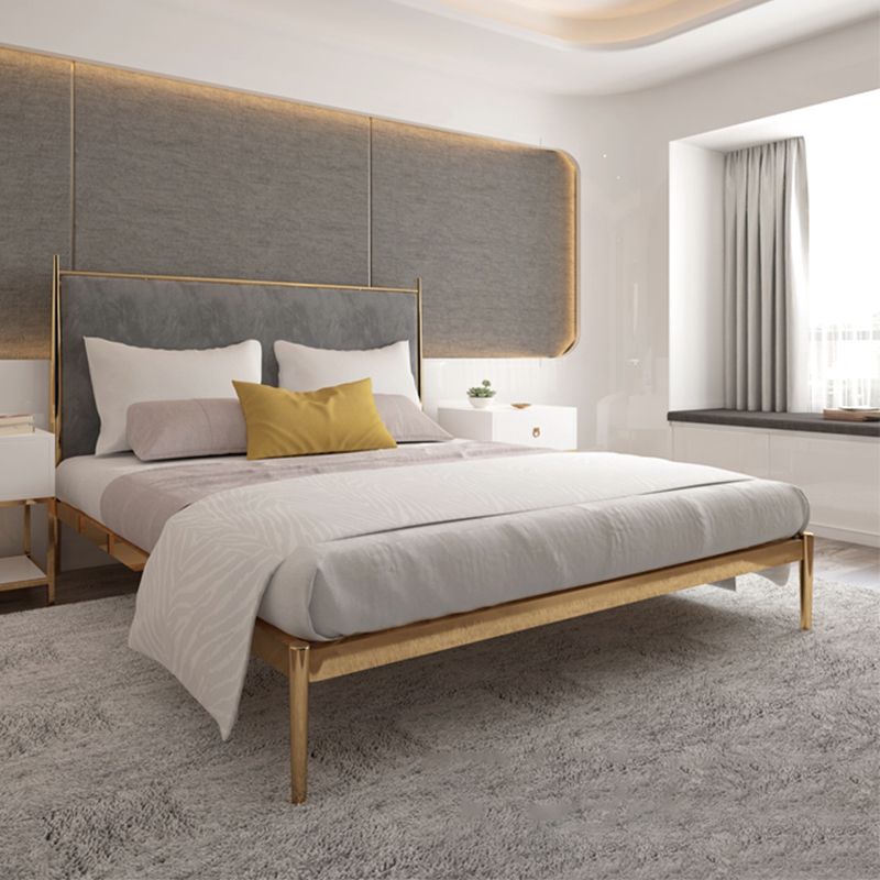 Luxurious Iron Bed Frame in Brass Upholstered High Panel Bed