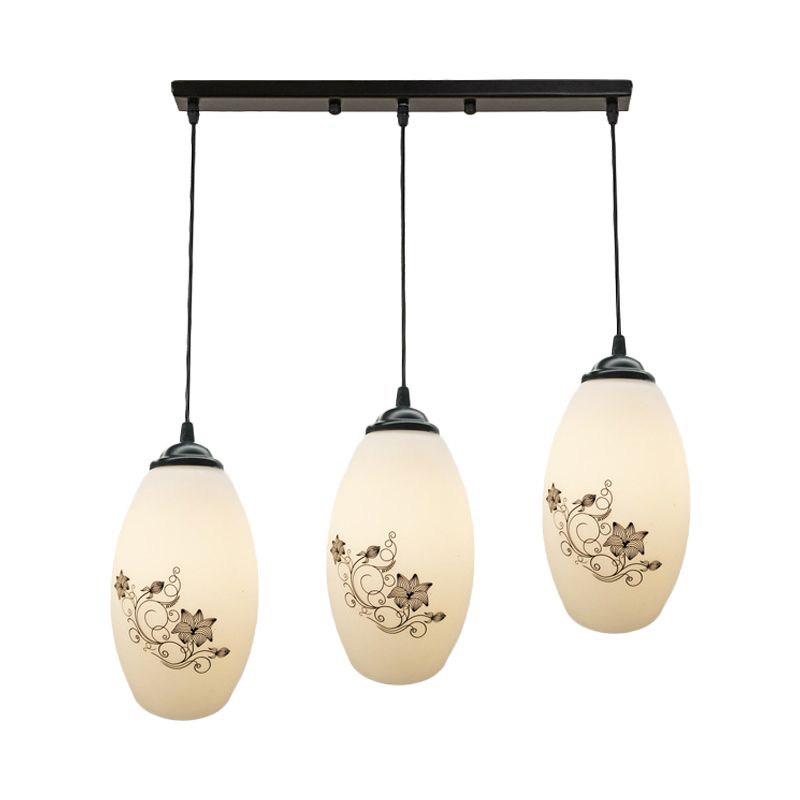3 Lights Oval Multi-Pendant Modern Black Finish White Printed Glass Ceiling Hang Fixture with Round/Linear Canopy