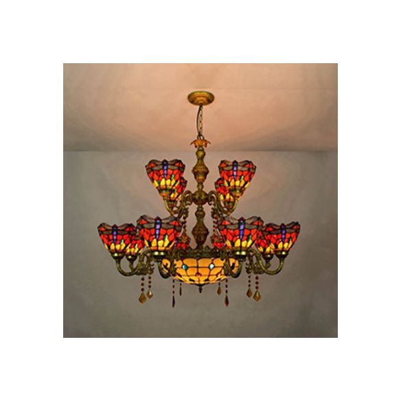 13 Lights Dome-Shaped Hanging Lamp Tiffany Style Stained Glass Dragonfly and Jewel Inverted Chandelier for Living Room