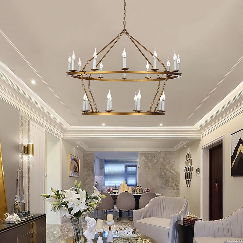Candelier de 2 niveles metal contemporáneo 20 cabezas Kit de lámpara de colgación de oro para sala de estar