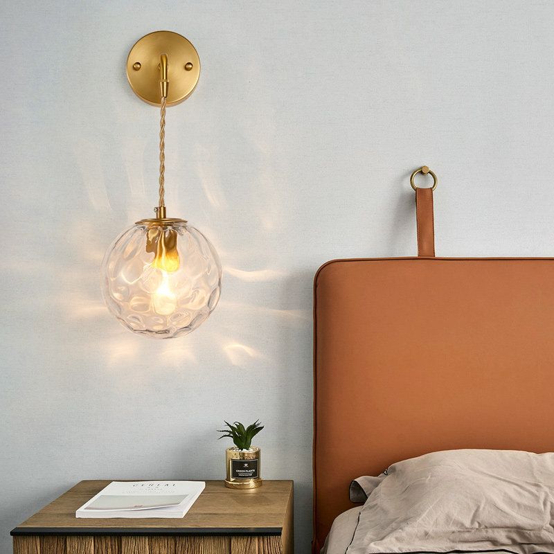 1-Light Bedside Wall Sconce Light Simplicity Brass Wall Light Fixture with Ball Water Glass Shade