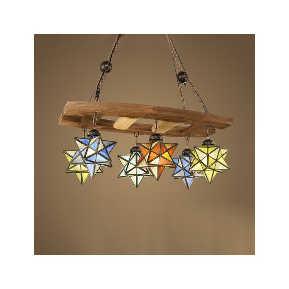 Multi Color Star Chandelier Stained Glass 6 Lights Rustic Loft Hanging Pendant Light in Rust for Bar