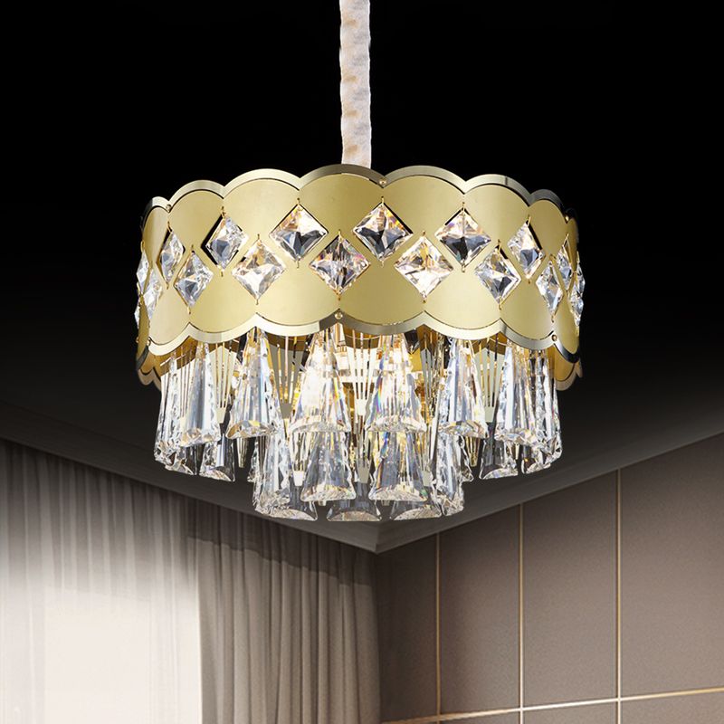 Gold Finish Drum Kroonluchter Modern Clear Crystal Drops 9 Heads Great Room Pendant Lighting, 19,5 "/23.5" Breedte