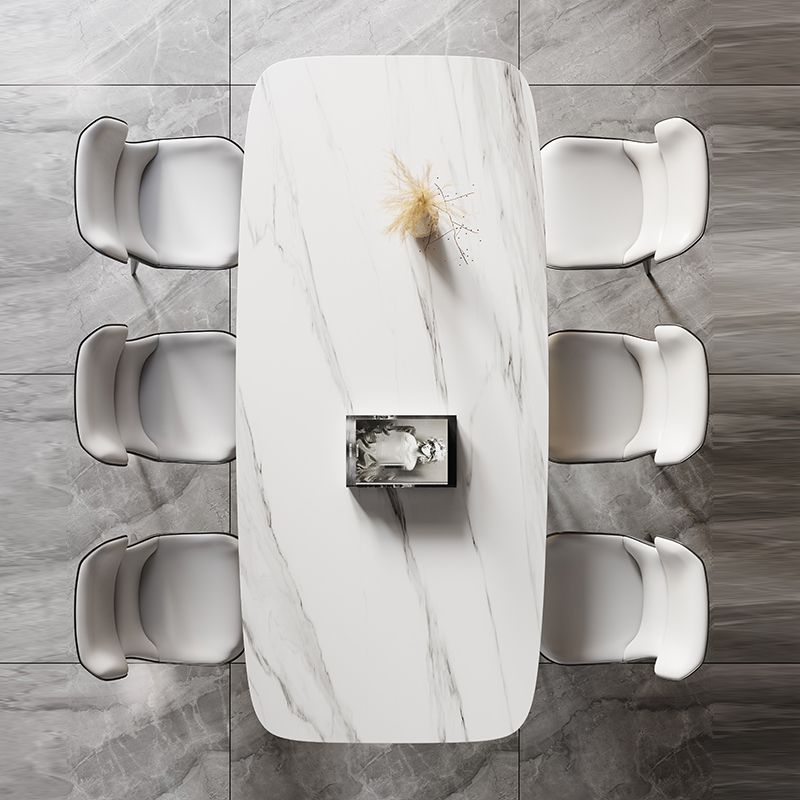 Mesa de cocina rectangular moderna de piedra sinterizada, mesa superior de piedra blanca con pedestal doble