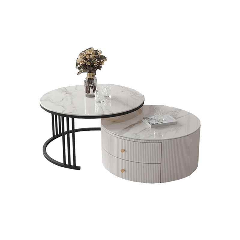 Frame Coffee Cocktail Table with Storage Drawers Round Slate Top