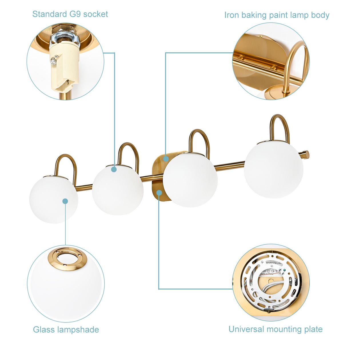 Global Glass Shade Vanity Wall Sconce Metal Armed Vanity Mirror Lights for Bedroom Bathroom