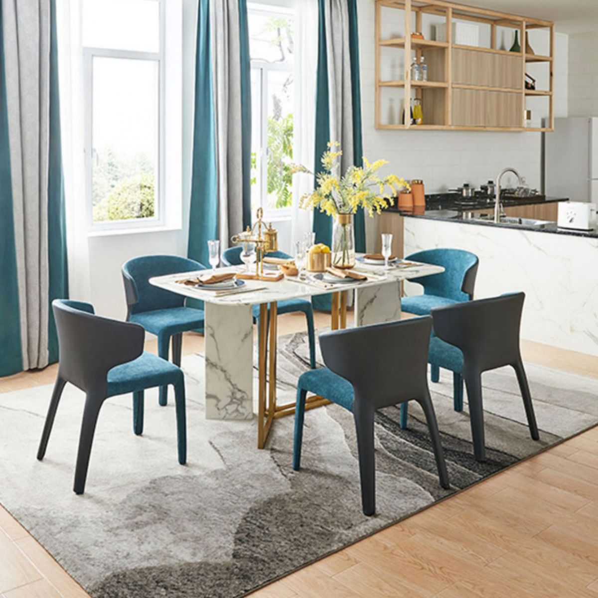 Silla de comedor individual con respaldo sólido y acabado mate de cuero estilo diseñador