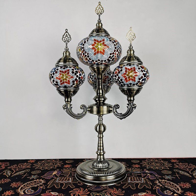 Stained Glass Candelabra Task Lamp Traditional 4 Lights Bedside Nightstand Lamp in Yellow/Orange/Blue