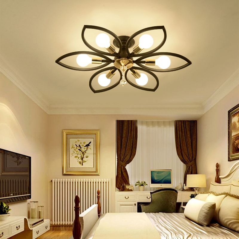 Floriated Semi Flush Mount in Industrial Retro Style Bare Bulb Metal Ceiling Light in Black