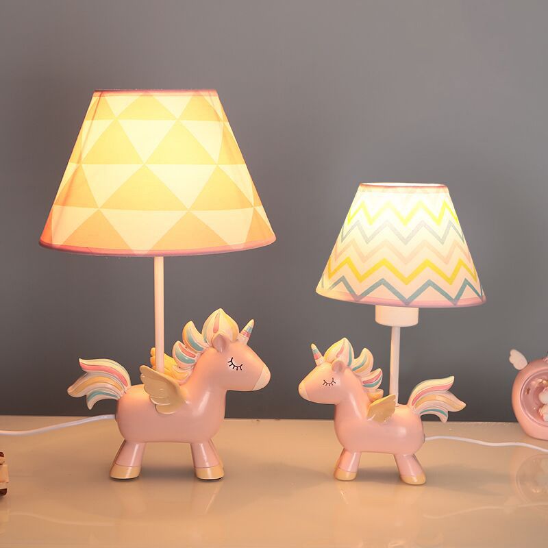 Tapered Print Fabric Table Lamp Cartoon 1 Bulb Nightstand Light with Unicorn Deco for Child Room