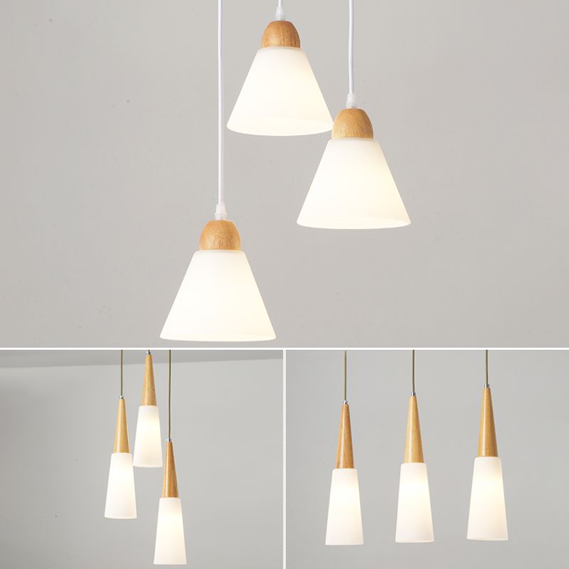 Lampada a sospensione nordica in legno piccolo sospensione con tonalità di vetro bianco per sala da pranzo