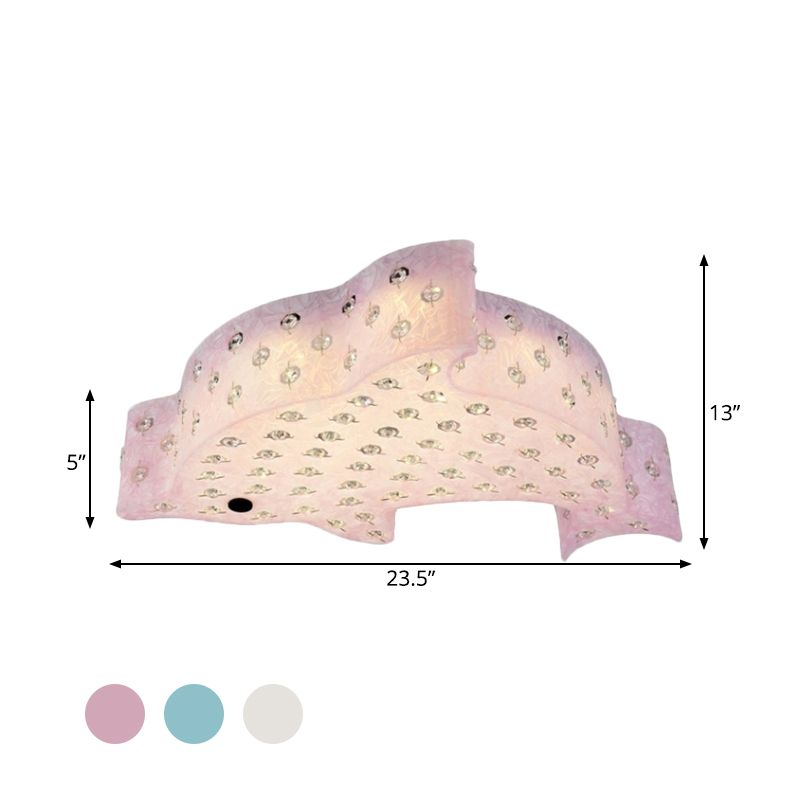 Contemporary Fish Shaped Flush Mount Pendant Light Acrylic Bedroom LED Ceiling Mount with Crystal Decoration in Blue/Pink/White