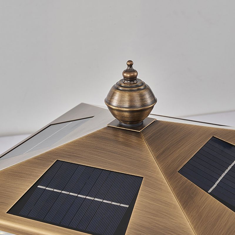 Rectangle Shape Metal Pillar Lamp Modern Style 1 Light Solar Outdoor Light in Brass