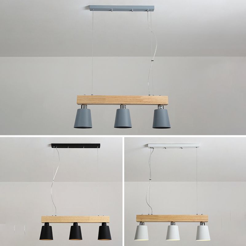 Linear Wooden Island Light Fixture Nordic Suspension Light with Tapered Metal Shade