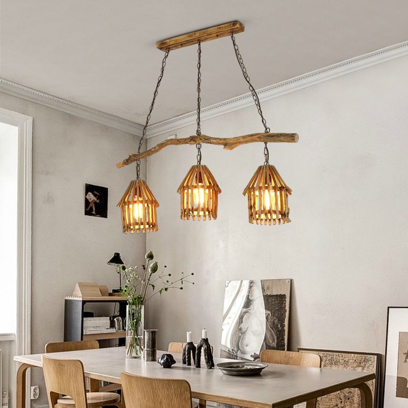 Maison en bois en forme de lampe suspendue nordique 3 Heads Island Pendant Light pour salle à manger