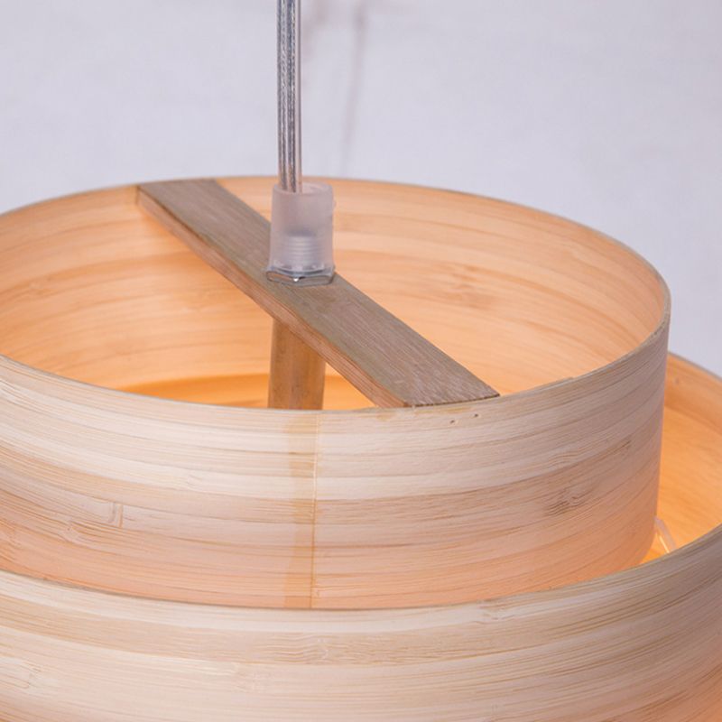 Modern Tiered Suspension Pendant Wooden 1-Light Living Room Hanging Ceiling Light in Natural Wood