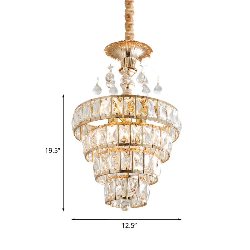 4-laags kegel kristal drop lamp traditionele 5 lichten woonkamer kroonluchter hanger in goud