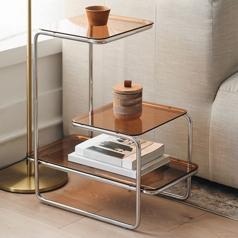 Modernistic Side Table Glass Sled with Storage Square 3-Tier End Table