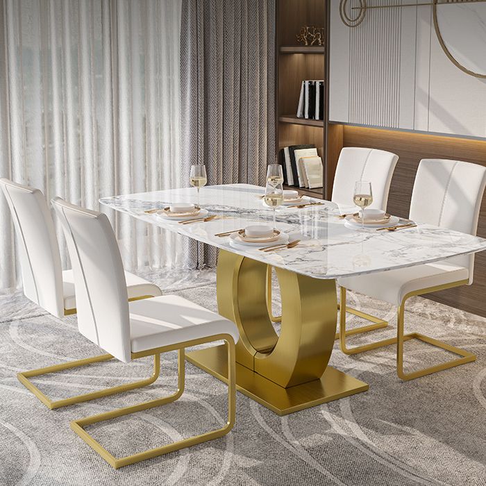 Luxury Sintered Stone Dining Table Rectangle White Table with Metal Pedestal in Gold