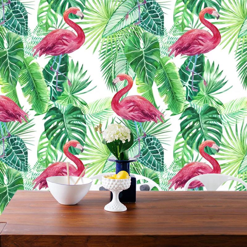 Tropical Leaves and Flamingo Mural Wallpaper for Home Decor, Pink and Green, Personalized Size Available