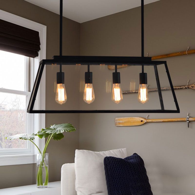 Glass Linear Island Light 4-Bulbs Industrial Dinning Room Pendant Lamp in Black